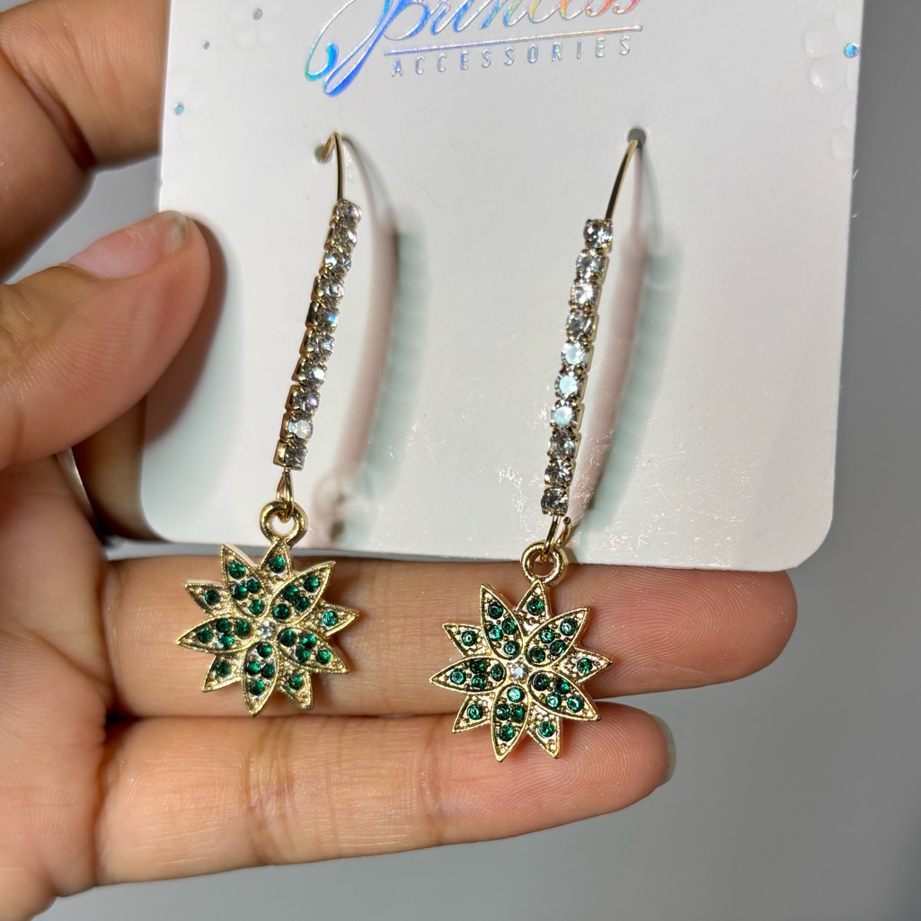 5/$25 Deal! Gold-Tone Green Crystal Starburst Earrings